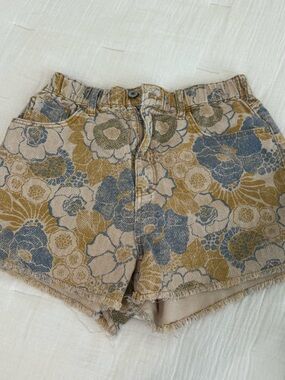 Anthropologie Floral Print Denim Jean Shorts in Blue and Tan